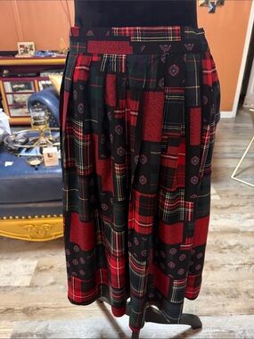 Vintage “Katie Brooke” Plaid Patchwork Midi Skirt in Red and Black